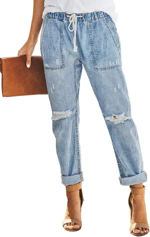 Sidefeel Women’s High Waisted Drawstring Jeans Pull On Cargo Joggers Zimbaplatinum Ripped Elastic Waist Denim Pants