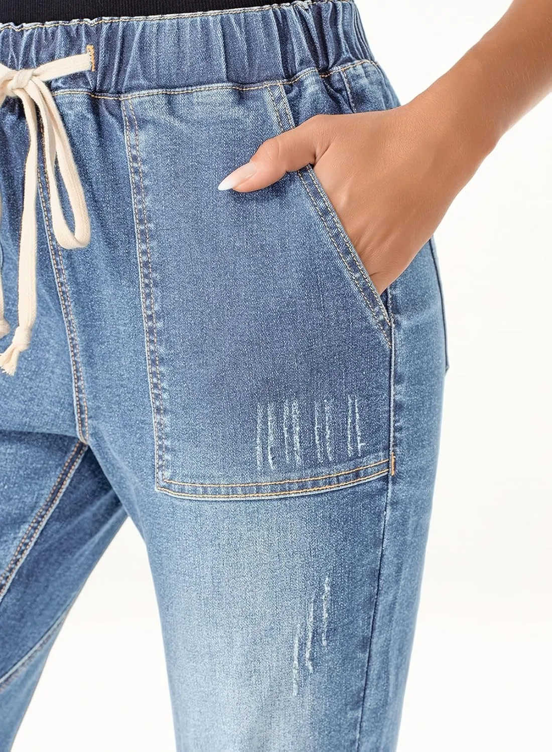 Sidefeel Women’s High Waisted Drawstring Jeans Pull On Cargo Joggers Zimbaplatinum Ripped Elastic Waist Denim Pants