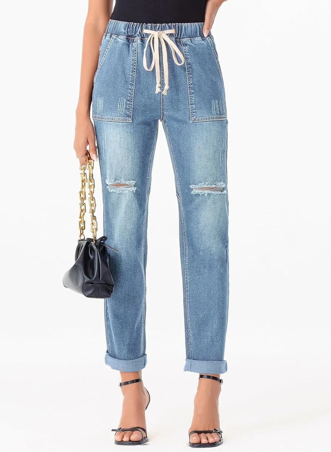 Sidefeel Women’s High Waisted Drawstring Jeans Pull On Cargo Joggers Zimbaplatinum Ripped Elastic Waist Denim Pants