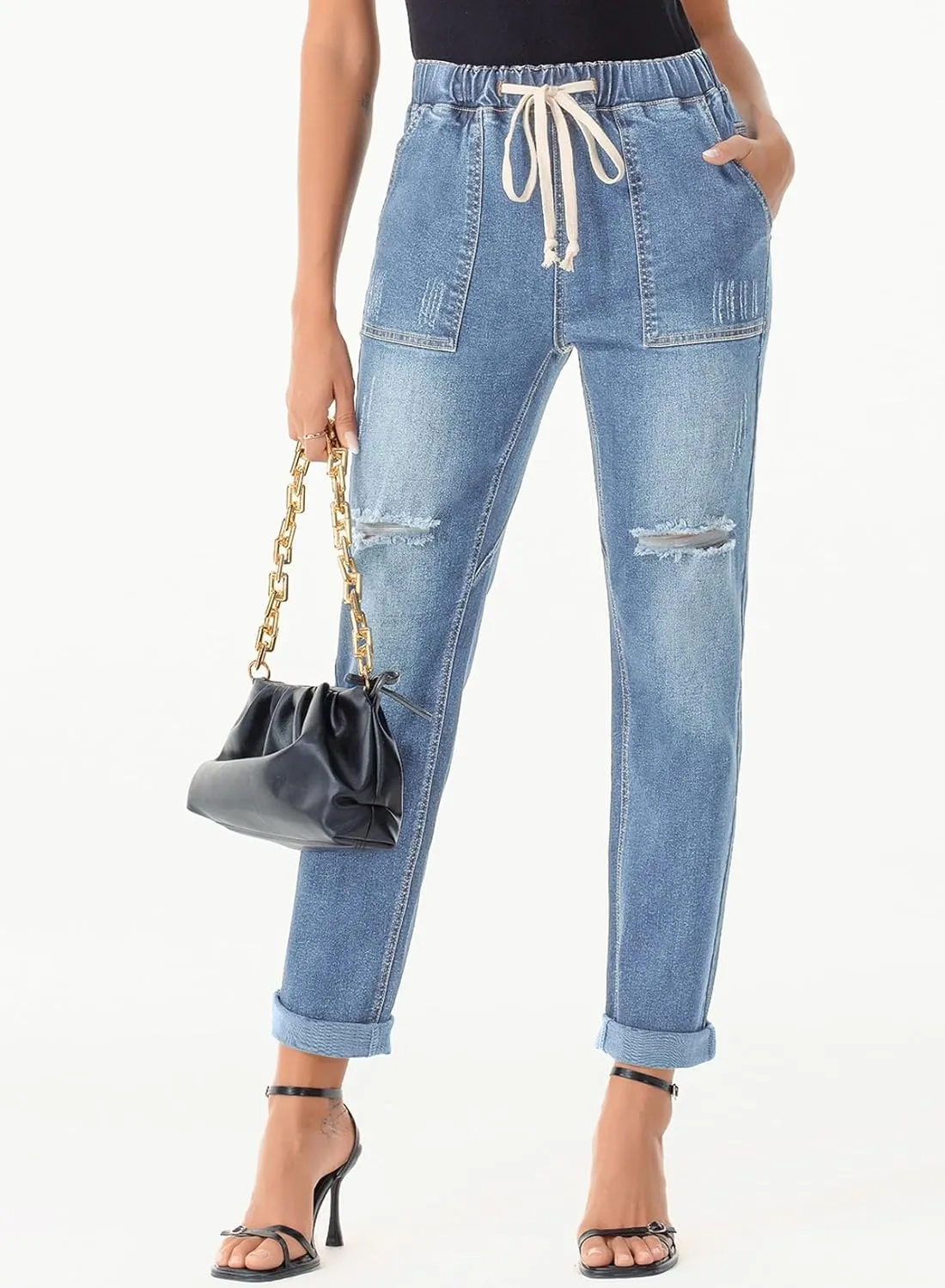 Sidefeel Women’s High Waisted Drawstring Jeans Pull On Cargo Joggers Zimbaplatinum Ripped Elastic Waist Denim Pants