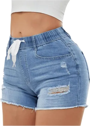 SOLY HUX Women's Distressed Jeans Shorts Elastic Drawstring Waist Ripped Skinny Casual Denim Shorts