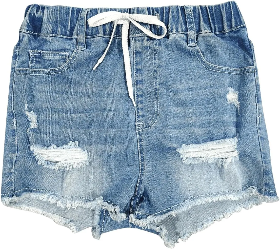 SOLY HUX Women's Distressed Jeans Shorts Elastic Drawstring Waist Ripped Skinny Casual Denim Shorts