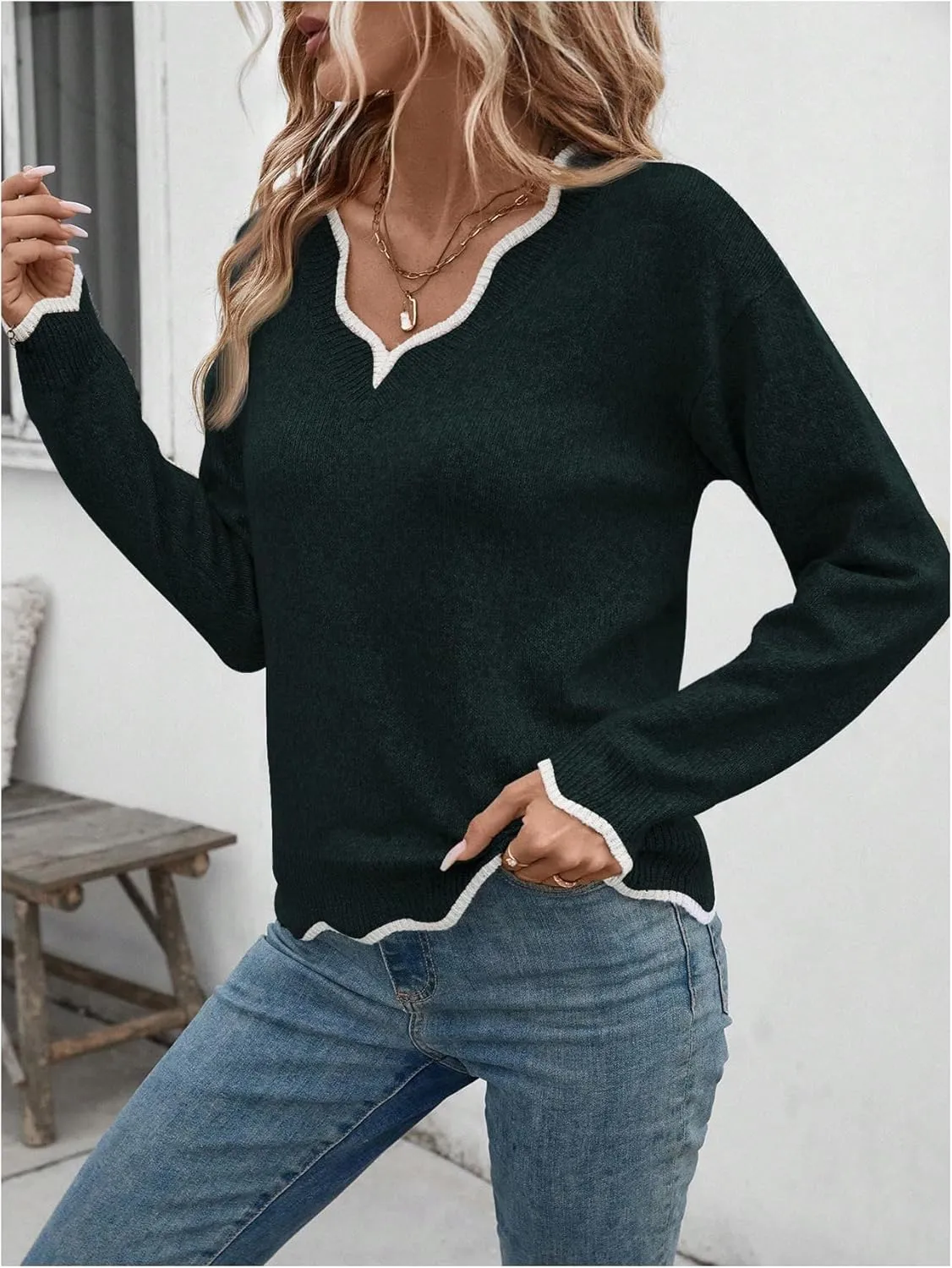 SOLY HUX Women's Long Sleeve Sweaters V Neck Knitted Sweater Tops Loose Jumper Pullover Fall Outfits