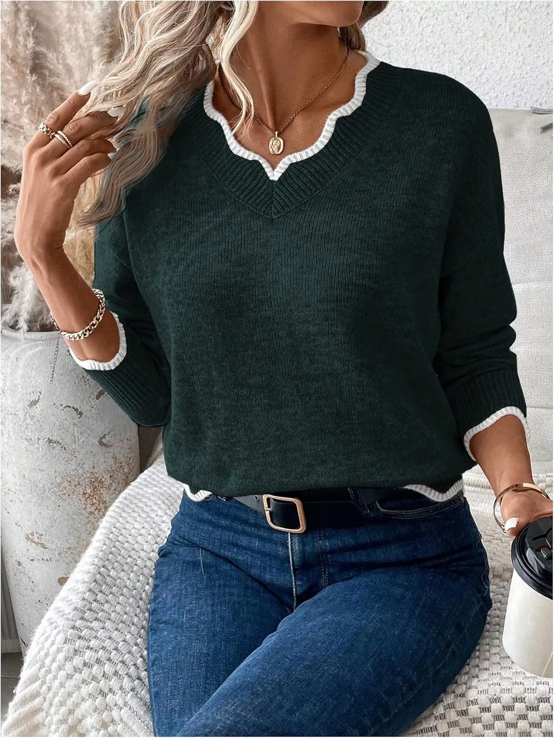 SOLY HUX Women's Long Sleeve Sweaters V Neck Knitted Sweater Tops Loose Jumper Pullover Fall Outfits