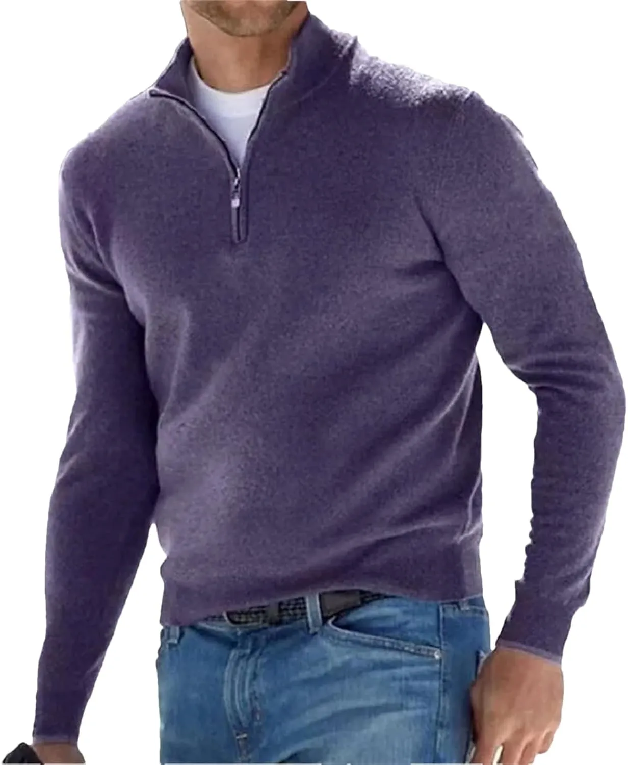Spring and Autumn Men's Half Zipper V-Neck Knitwear Solid Casual Classics Pullover Sweater