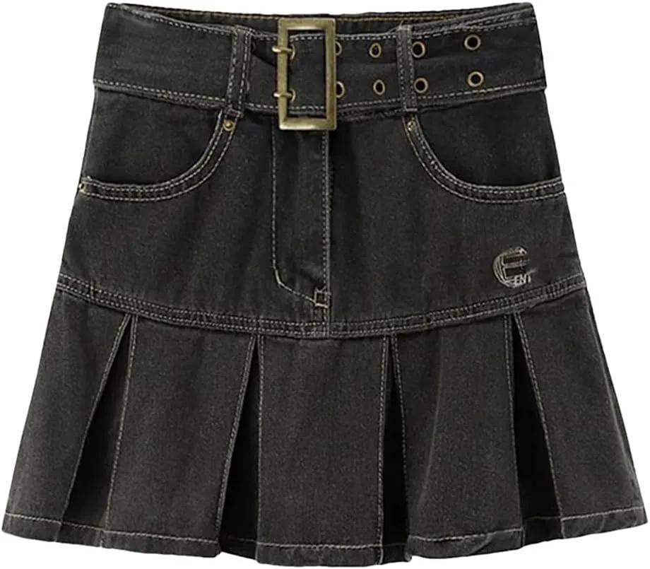 Spring High Waist Denim Mini Pleated Skirt Vintage Casual Ladies A-Line Short Skirts