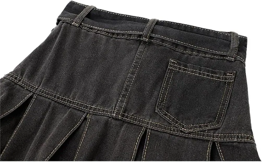 Spring High Waist Denim Mini Pleated Skirt Vintage Casual Ladies A-Line Short Skirts