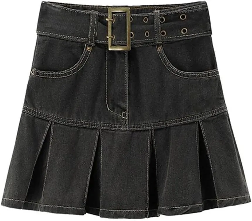 Spring High Waist Denim Mini Pleated Skirt Vintage Casual Ladies A-Line Short Skirts
