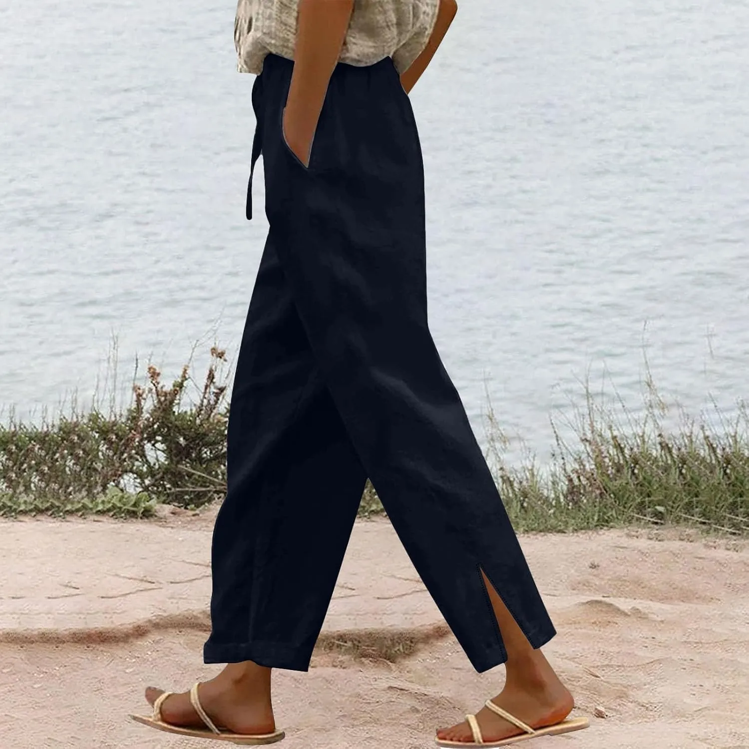 Summer Cotton Linen Pants for Women 2025 Wide Leg Cropped Lounge Trousers Drawstring Elastic Waist Beach Pant Outfits