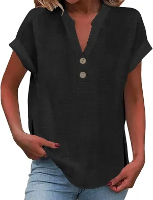 Summer Cotton Linen Shirts for Women 2025 Button Down Short Sleeve V Neck Shirts Solid Color Comfy Blouses Tunic Tops