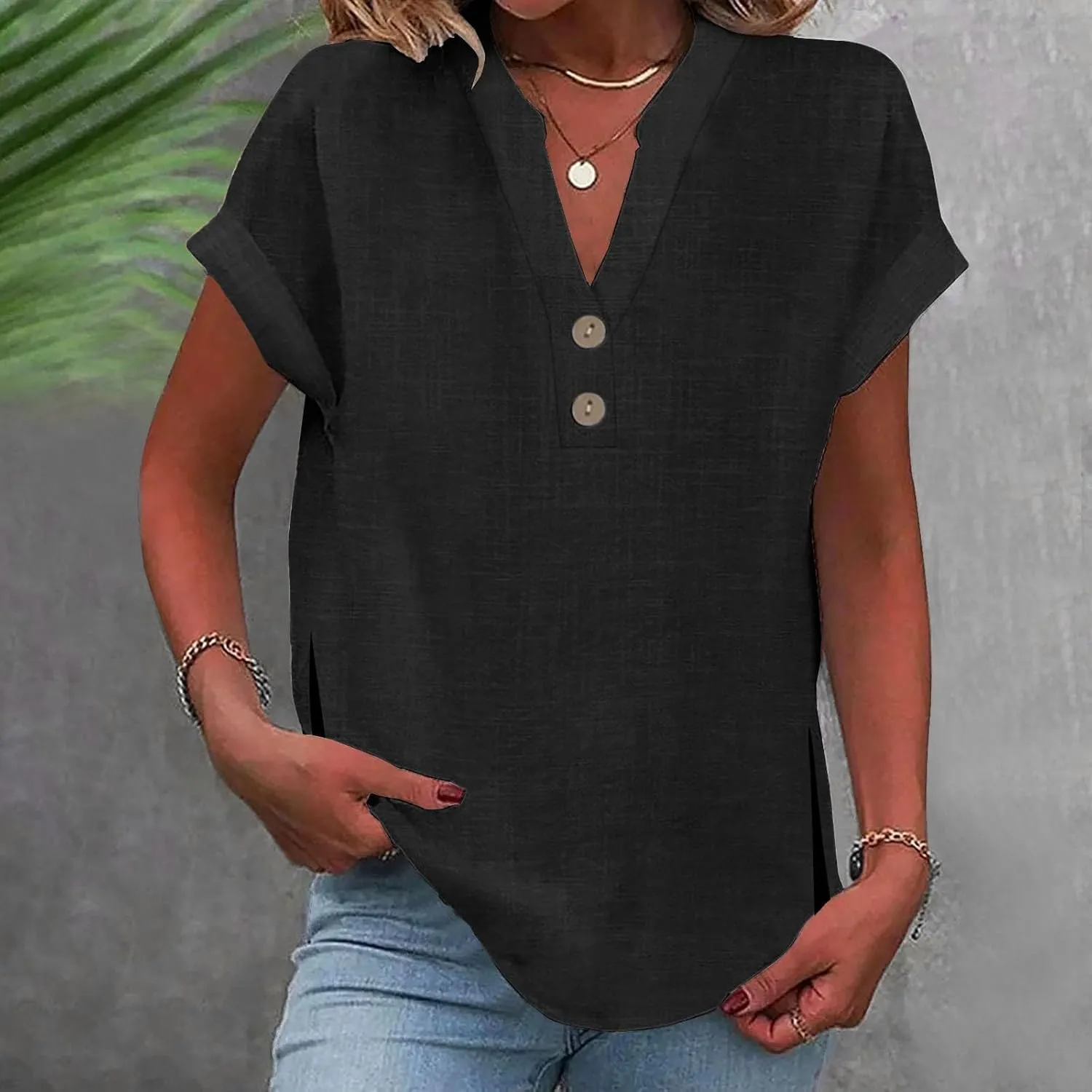 Summer Cotton Linen Shirts for Women 2025 Button Down Short Sleeve V Neck Shirts Solid Color Comfy Blouses Tunic Tops