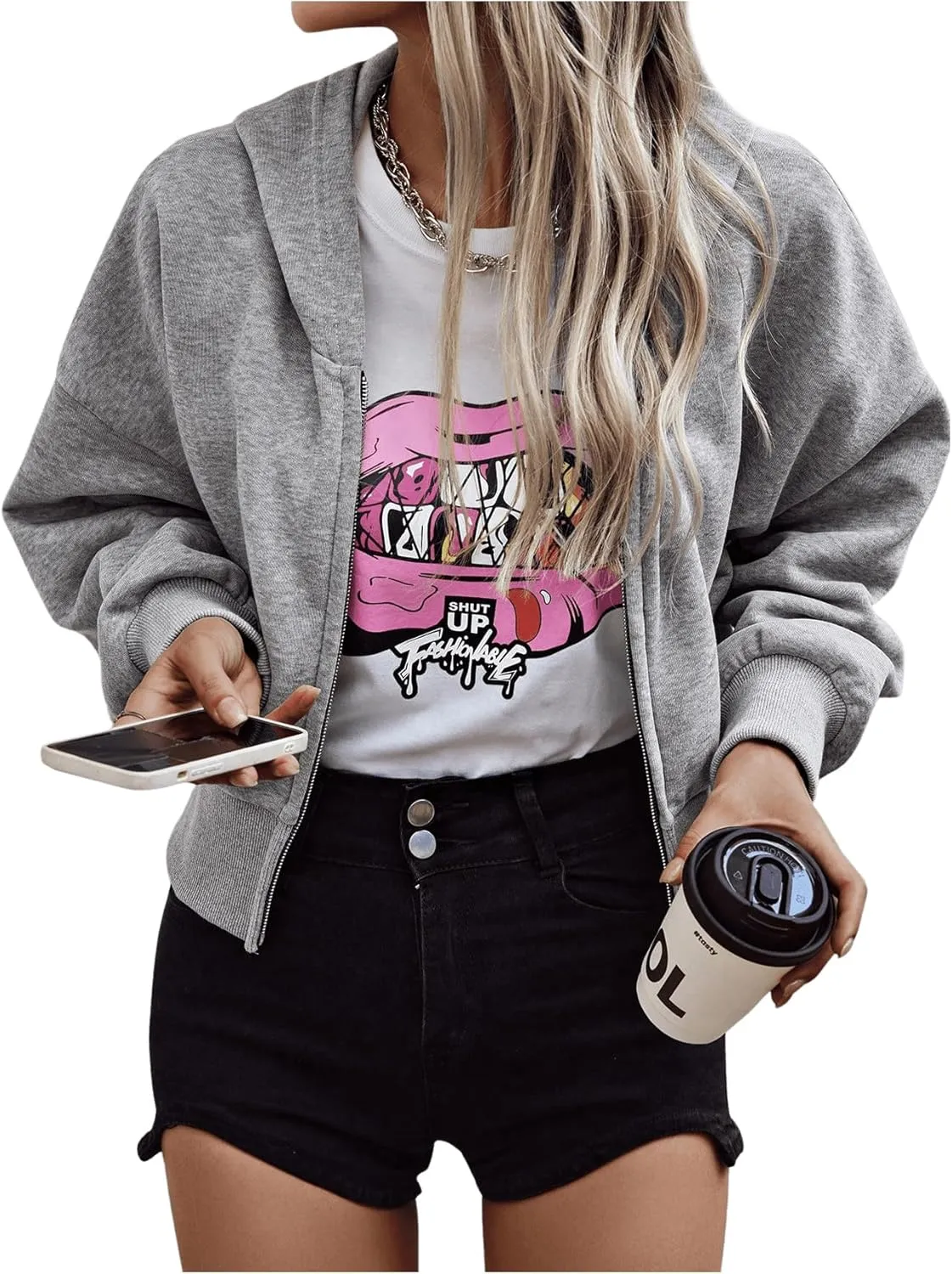 SweatyRocks Women's Oversized Zip Up Hoodies Solid Color Long Sleeve Sweatshirts with Pockets