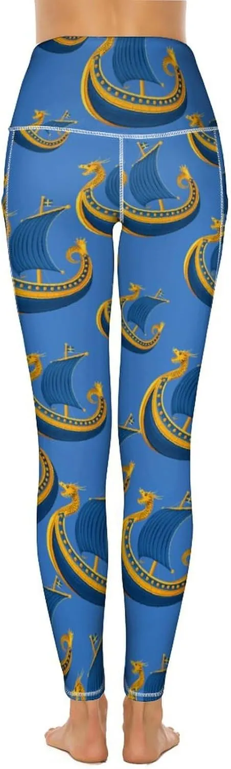 Sweden Flag Dragon Boat Viking Women's Yoga Pants Leggings with Pockets High Waist Compression Workout Pants