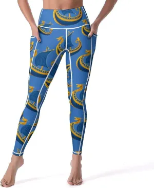 Sweden Flag Dragon Boat Viking Women's Yoga Pants Leggings with Pockets High Waist Compression Workout Pants