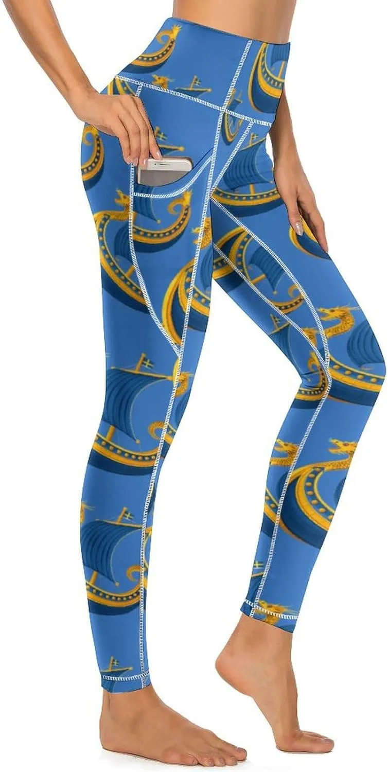 Sweden Flag Dragon Boat Viking Women's Yoga Pants Leggings with Pockets High Waist Compression Workout Pants