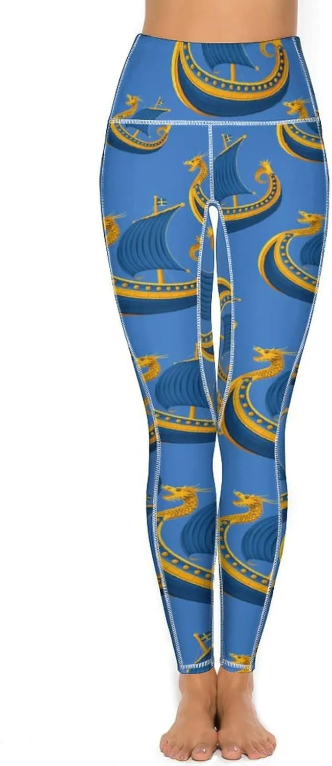 Sweden Flag Dragon Boat Viking Women's Yoga Pants Leggings with Pockets High Waist Compression Workout Pants
