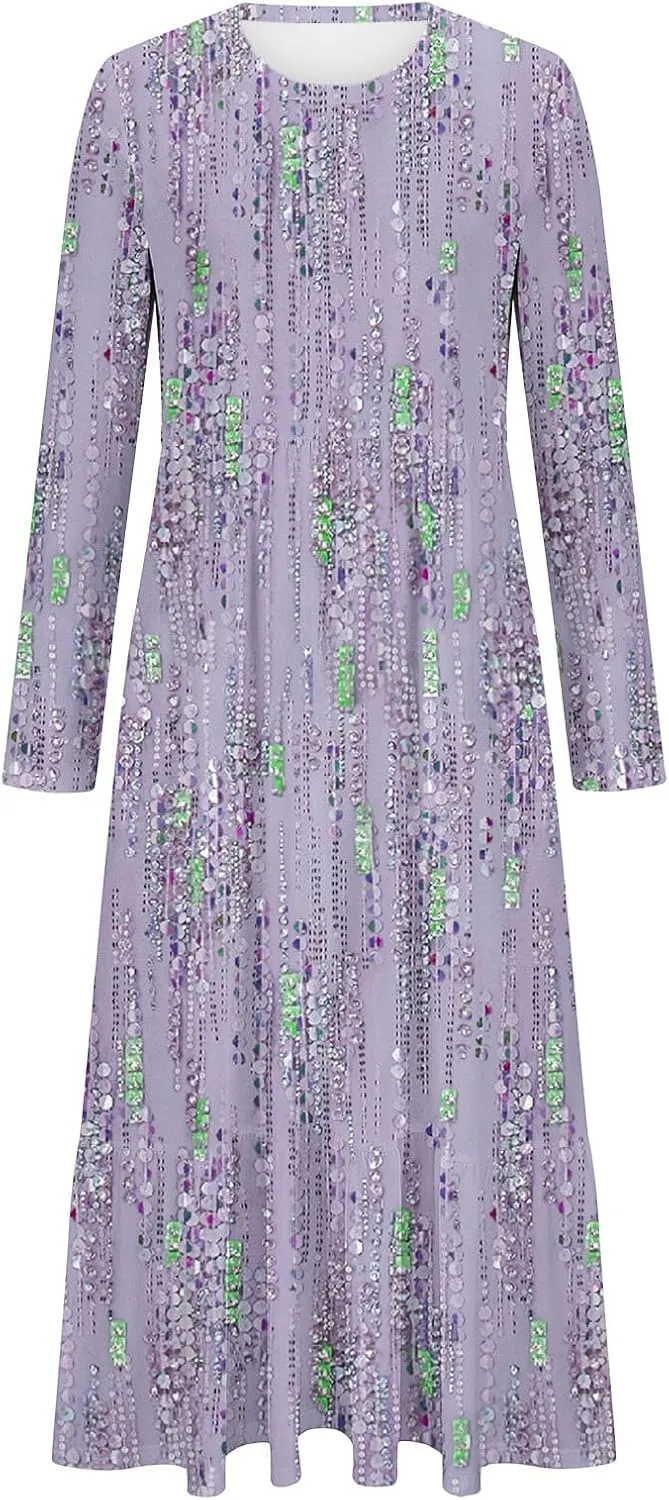 T Shirt Dresses for Women 2024 Vintage Long Sleeve Crewneck Boho Maxi Dress Casual Loose Tiered Ruffle Bohemian Dress