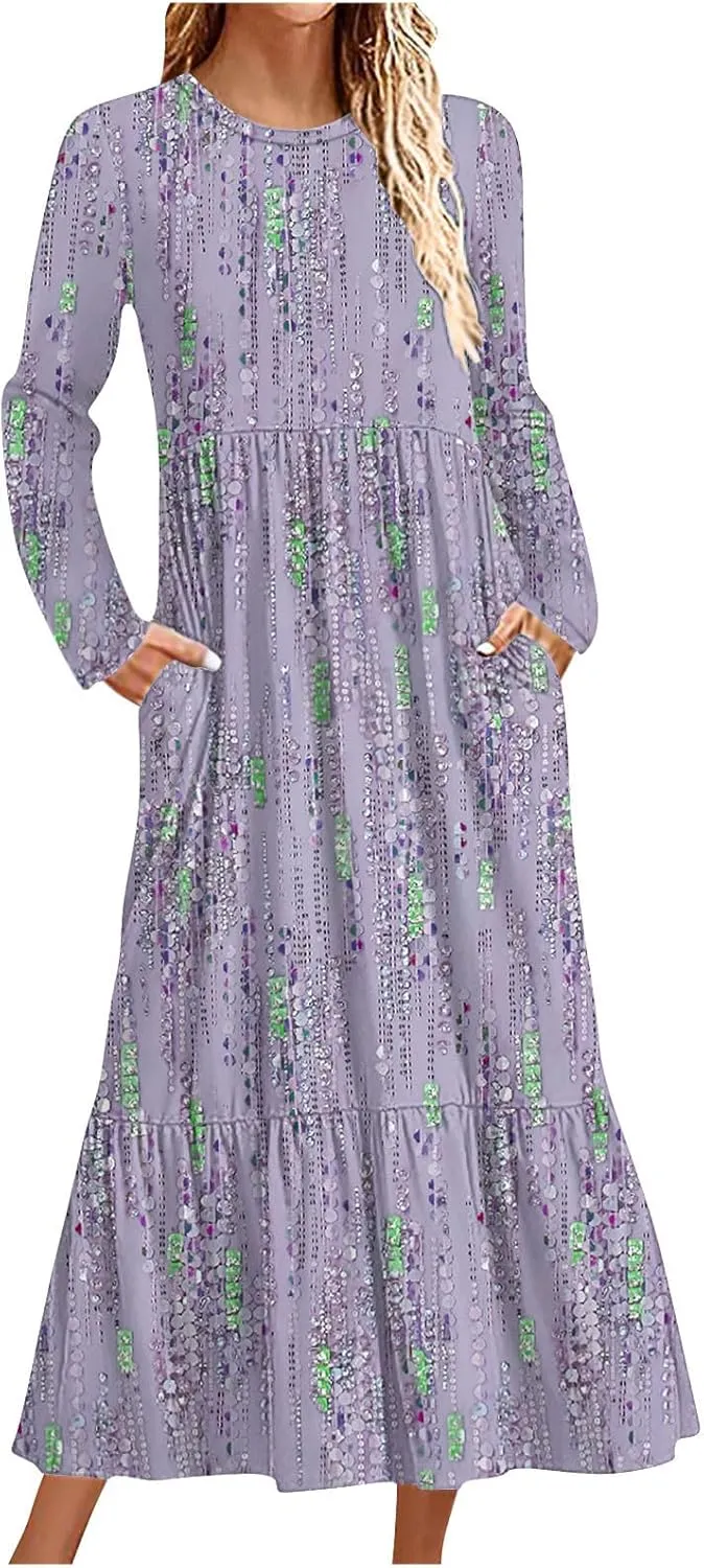 T Shirt Dresses for Women 2024 Vintage Long Sleeve Crewneck Boho Maxi Dress Casual Loose Tiered Ruffle Bohemian Dress