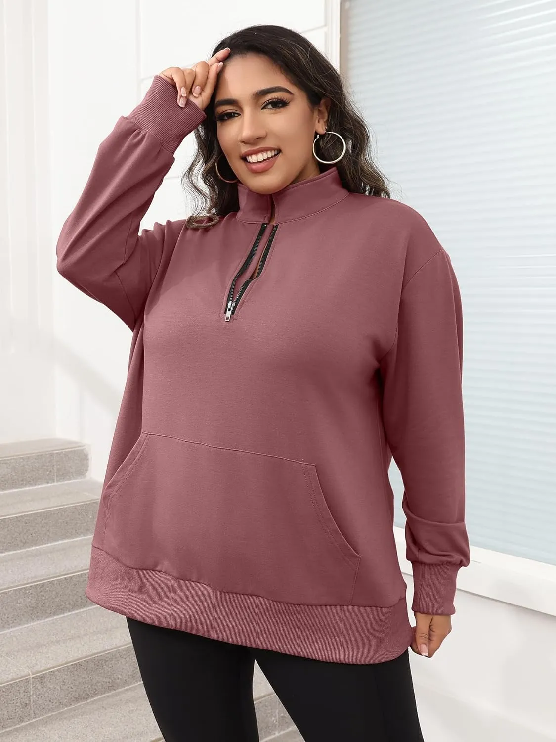 TAKEYAL Plus Size Sweatshirts for Women Pockets Half Zip Pullover Long Sleeve Oversized Drop Shoulder Y2K Clothes