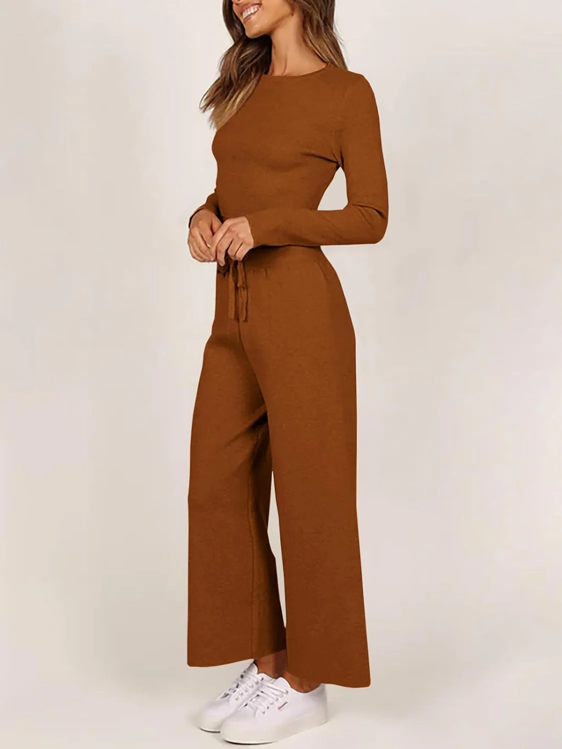 Tankaneo Womens 2 Pieces Outfits Long Sleeve Cropped Top Wide Leg Pants Knit Sets Lounge Pajamas Set