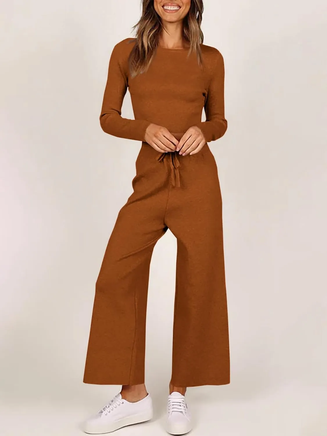 Tankaneo Womens 2 Pieces Outfits Long Sleeve Cropped Top Wide Leg Pants Knit Sets Lounge Pajamas Set