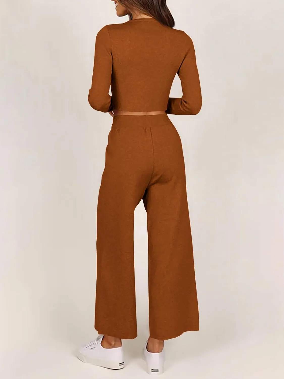 Tankaneo Womens 2 Pieces Outfits Long Sleeve Cropped Top Wide Leg Pants Knit Sets Lounge Pajamas Set