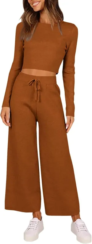 Tankaneo Womens 2 Pieces Outfits Long Sleeve Cropped Top Wide Leg Pants Knit Sets Lounge Pajamas Set