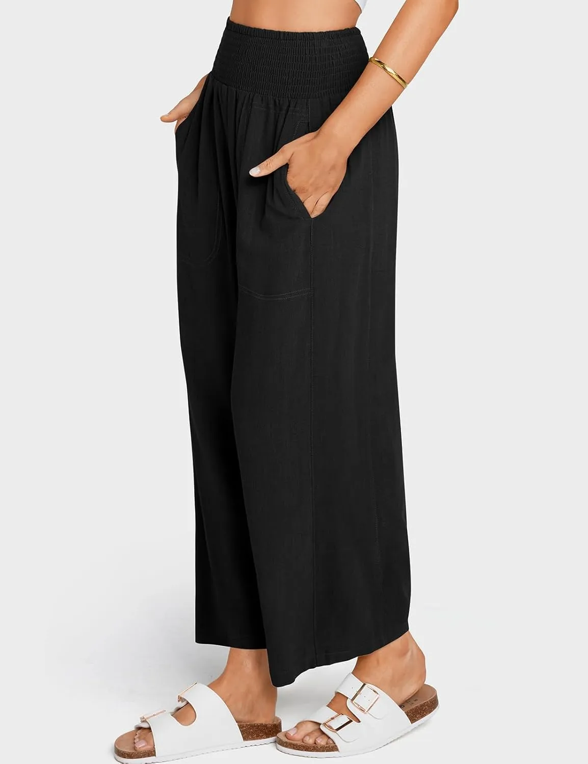 TARSE Women Linen Pants Wide Leg Elastic High Waisted Palazzo Trousers Casual Loose Beach Vacation Clothes with Pockets