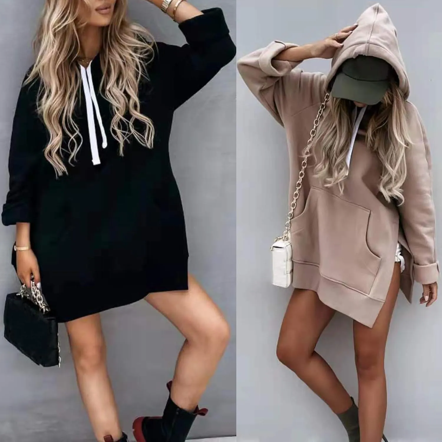 The Warmy Oversized Hoodie Dress Women, Hoodie Dress for Women with Pockets Side Splits Sweatshirts Pullover(Khaki,Small)