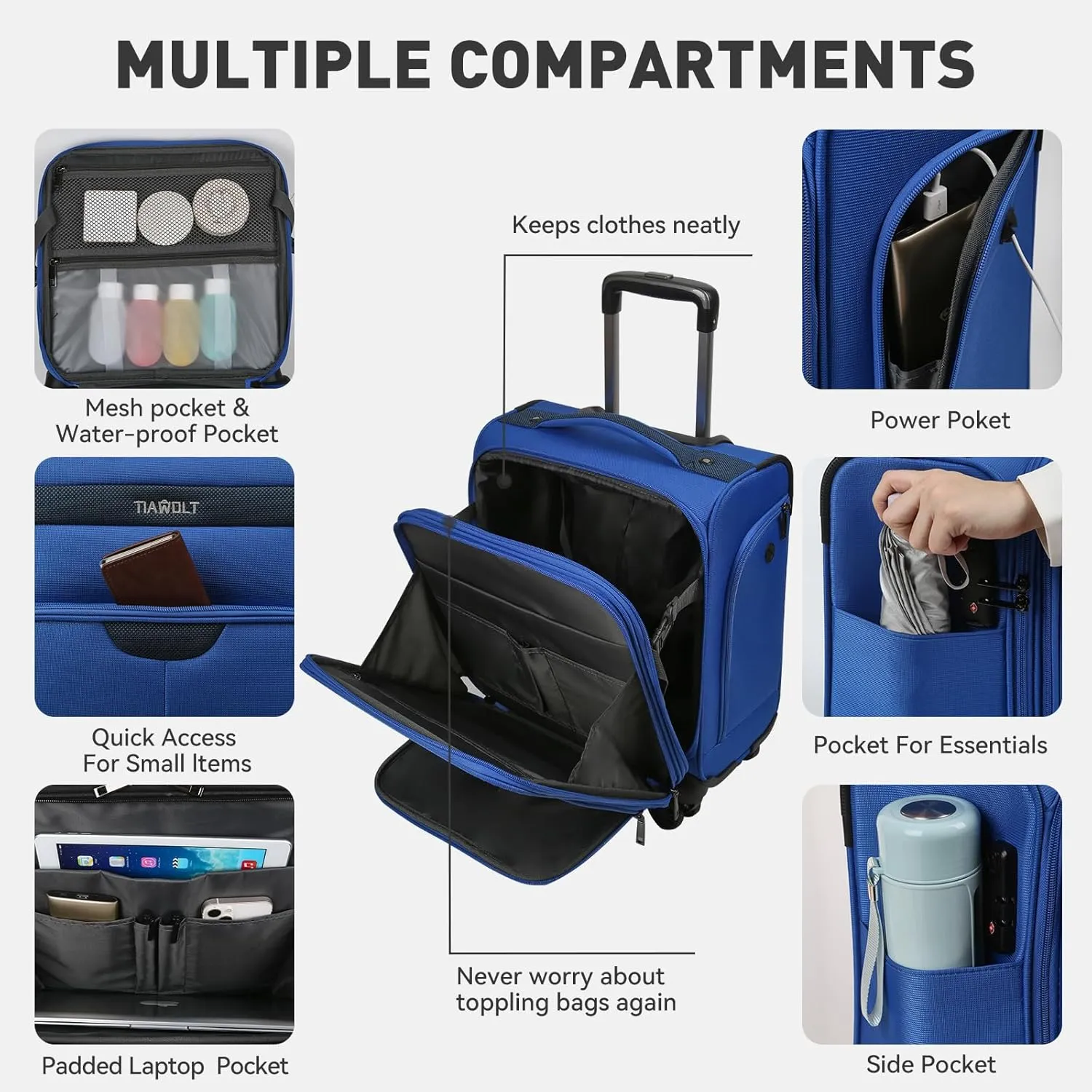 TIAWOLT 16 Inch Underseat Carry On Luggage Suitcase with Spinner Wheels Softside Lightweight Suitcases, Blue, Underseat 16-Inch, Softside Underseat Carry-on Luggage With Spinner Wheel
