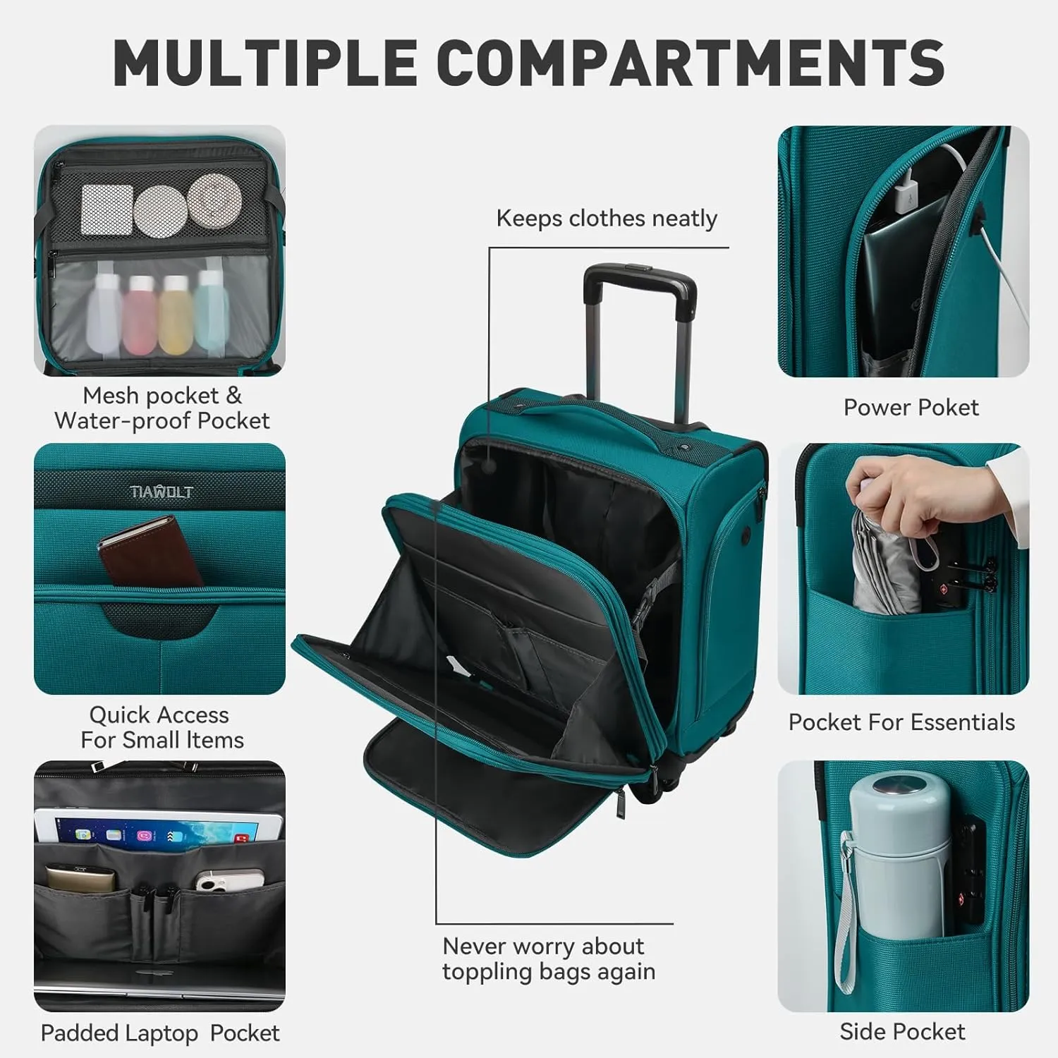 TIAWOLT 16 Inch Underseat Carry On Luggage Suitcase with Spinner Wheels Softside Lightweight Suitcases, Green, Underseat 16-Inch, Softside Underseat Carry-on Luggage With Spinner Wheel