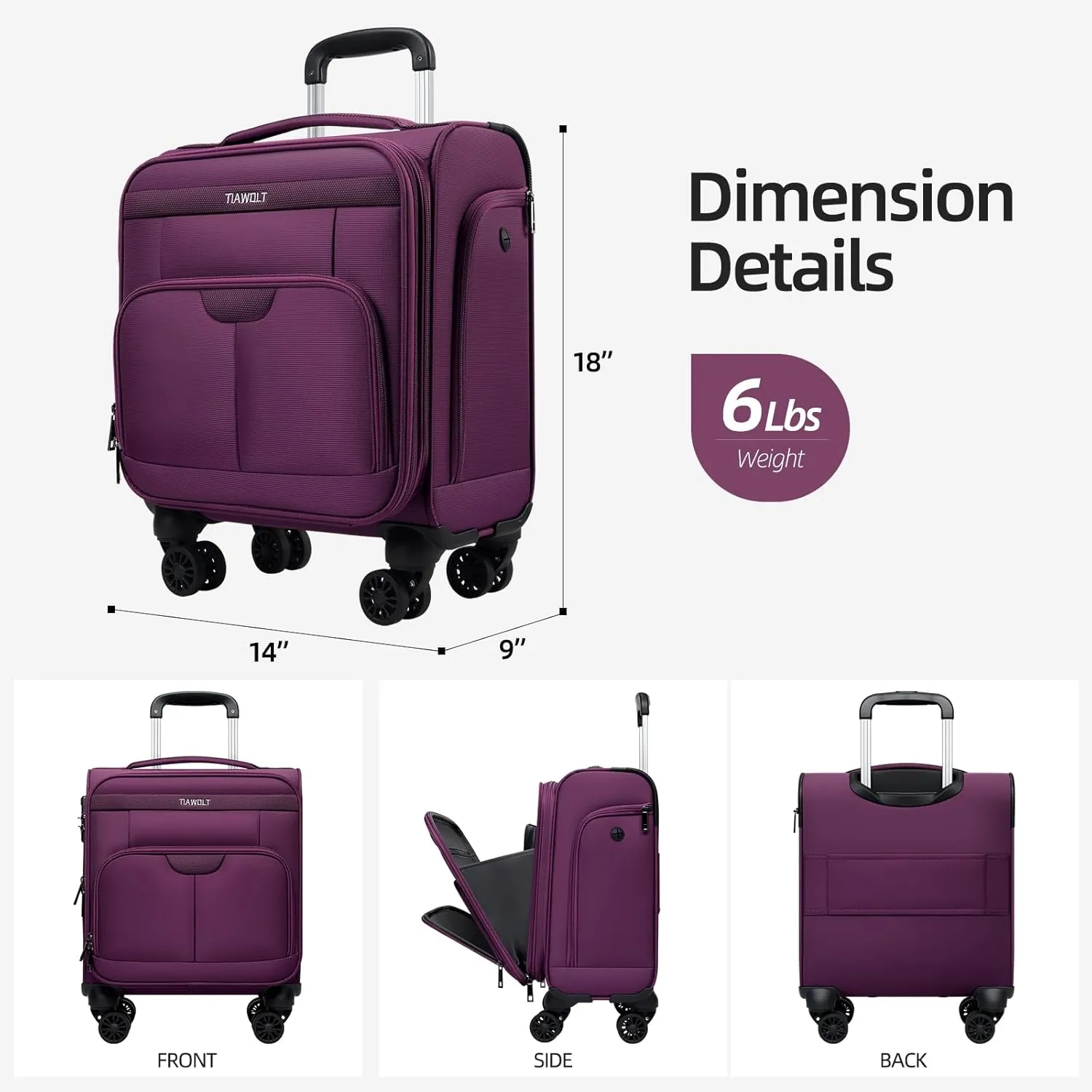 TIAWOLT 16 Inch Underseat Carry On Luggage Suitcase with Spinner Wheels Softside Lightweight Suitcases, Purple, Underseat 16-Inch, Softside Underseat Carry-on Luggage With Spinner Wheel
