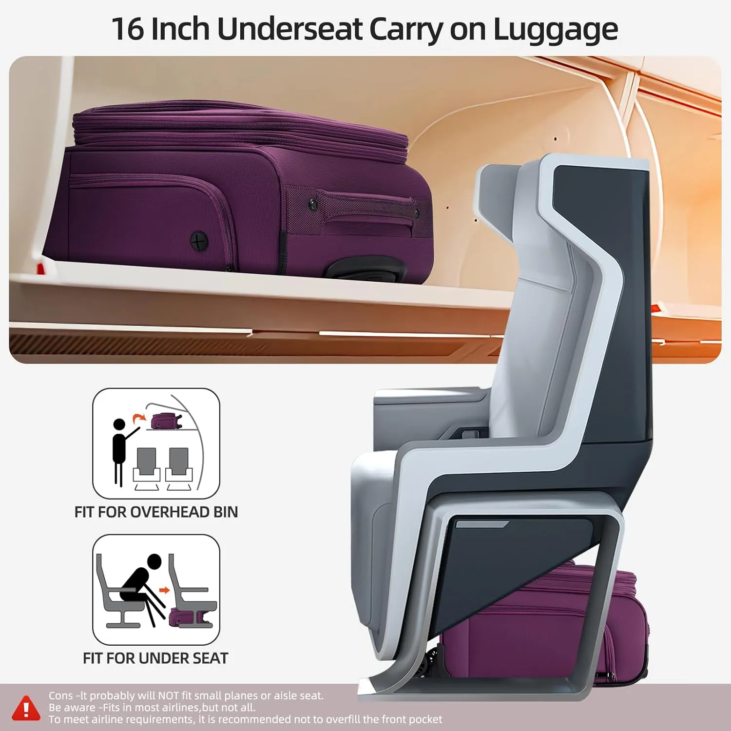 TIAWOLT 16 Inch Underseat Carry On Luggage Suitcase with Spinner Wheels Softside Lightweight Suitcases, Purple, Underseat 16-Inch, Softside Underseat Carry-on Luggage With Spinner Wheel