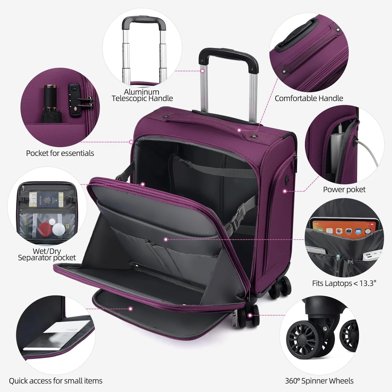 TIAWOLT 16 Inch Underseat Carry On Luggage Suitcase with Spinner Wheels Softside Lightweight Suitcases, Purple, Underseat 16-Inch, Softside Underseat Carry-on Luggage With Spinner Wheel