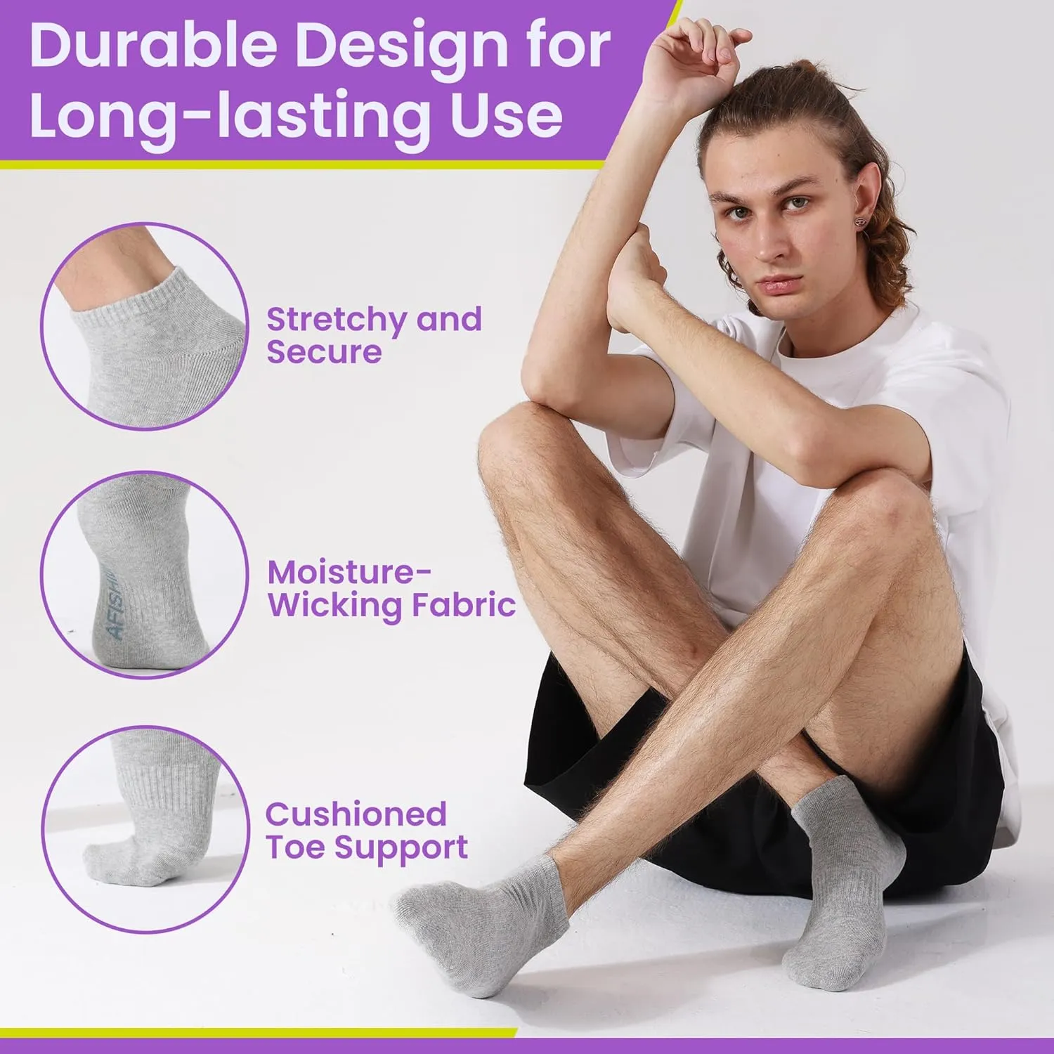 Unisex Athletic Running Socks, Anti Odour, Low Cut, No Show, 6 Pairs, Grey