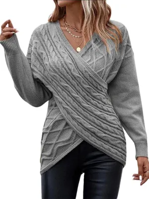 utcoco Women's Sexy V Neck Off Shoulder Cable Knit Sweaters Criss Cross Wrap Ruched Pullover Fall Tops