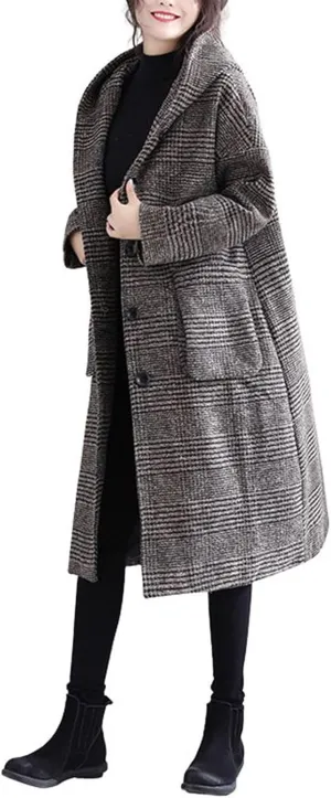 utcoco Women's Tweed Blazer Trench Coat Plaid Long Sleeve Button Down Wool Coat with Hood