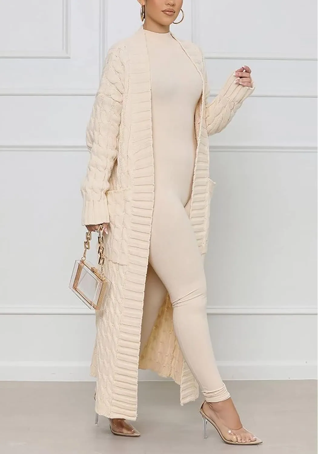 Vakkest Women's Long Sweater Cardigan Open Front Duster Jacket Casual Cable Knitted Maxi Dress Coat Braided Outwear Pockets