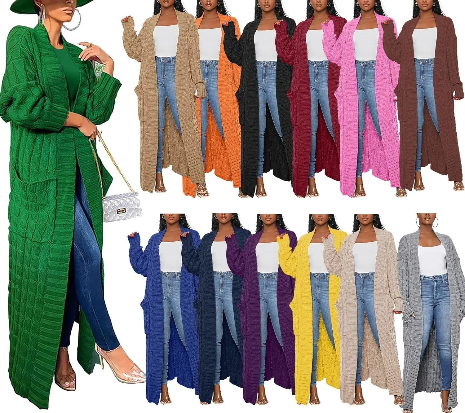 Vakkest Women's Long Sweater Cardigan Open Front Duster Jacket Casual Cable Knitted Maxi Dress Coat Braided Outwear Pockets