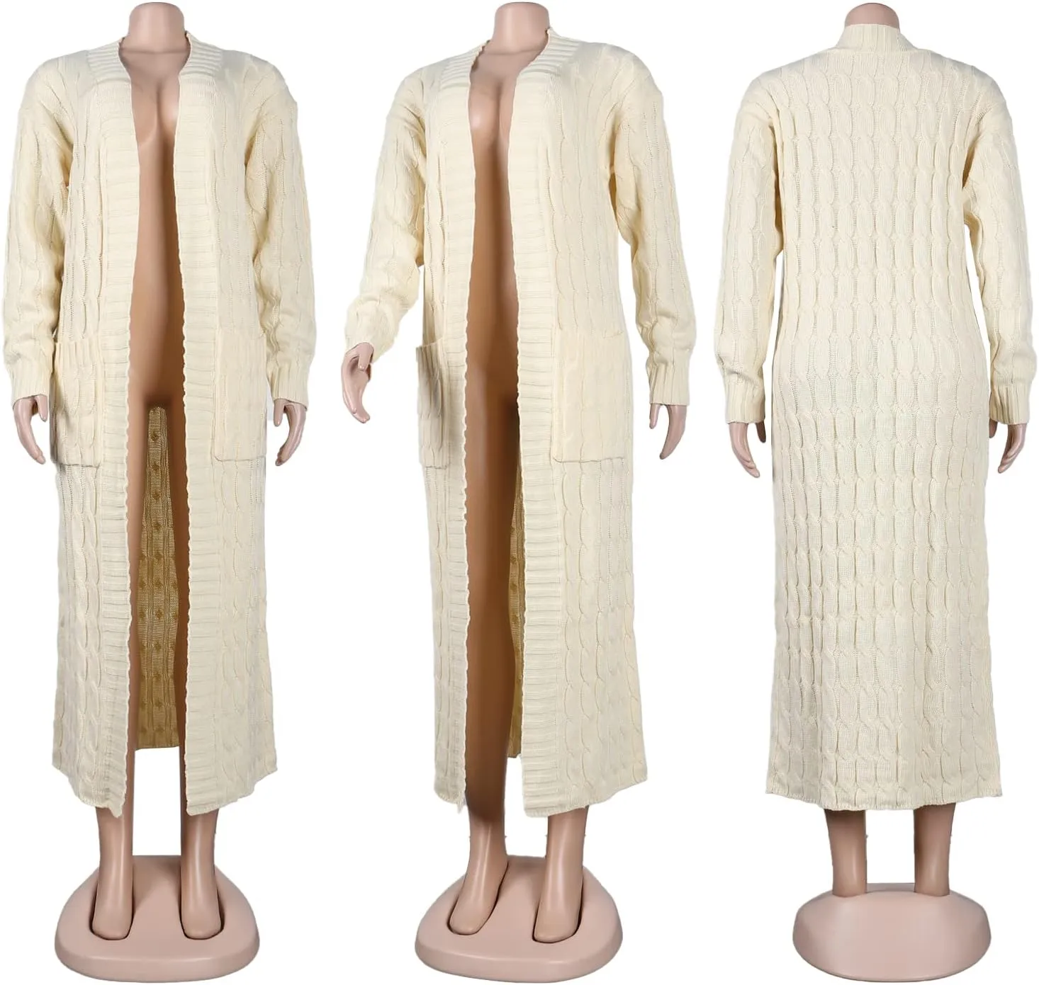 Vakkest Women's Long Sweater Cardigan Open Front Duster Jacket Casual Cable Knitted Maxi Dress Coat Braided Outwear Pockets