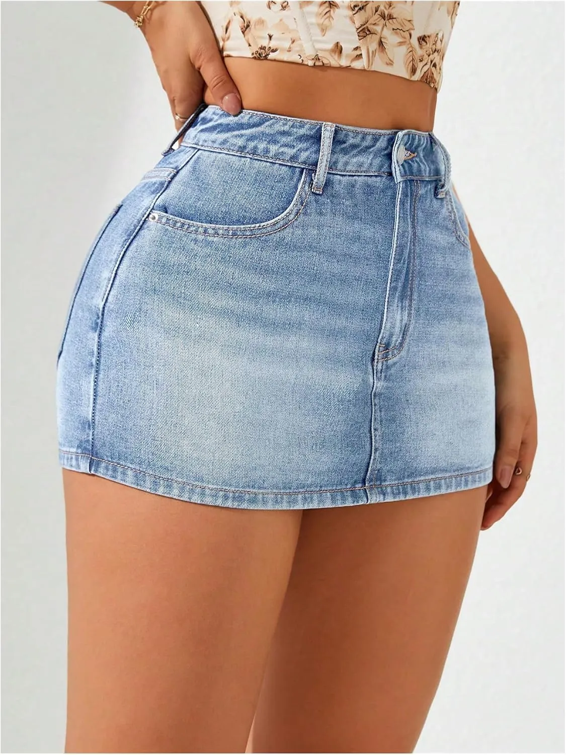 WDIRARA Women's High Waisted Mini Denim Skorts Jean Skirt Shorts with Pockets