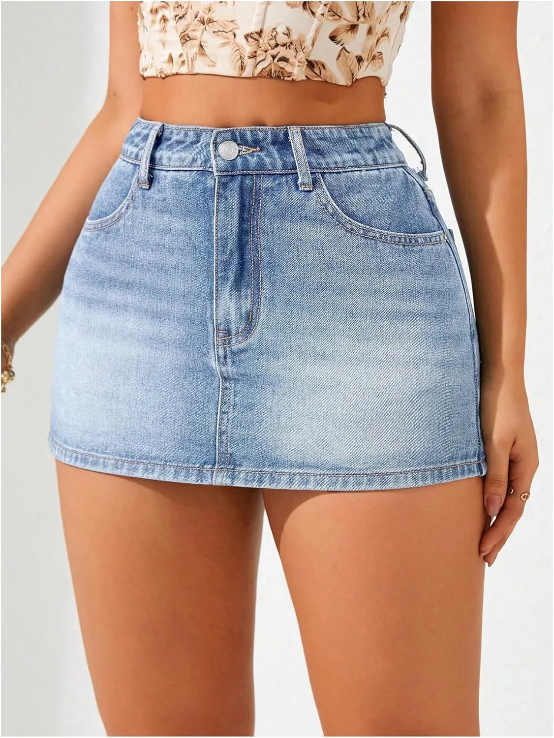 WDIRARA Women's High Waisted Mini Denim Skorts Jean Skirt Shorts with Pockets