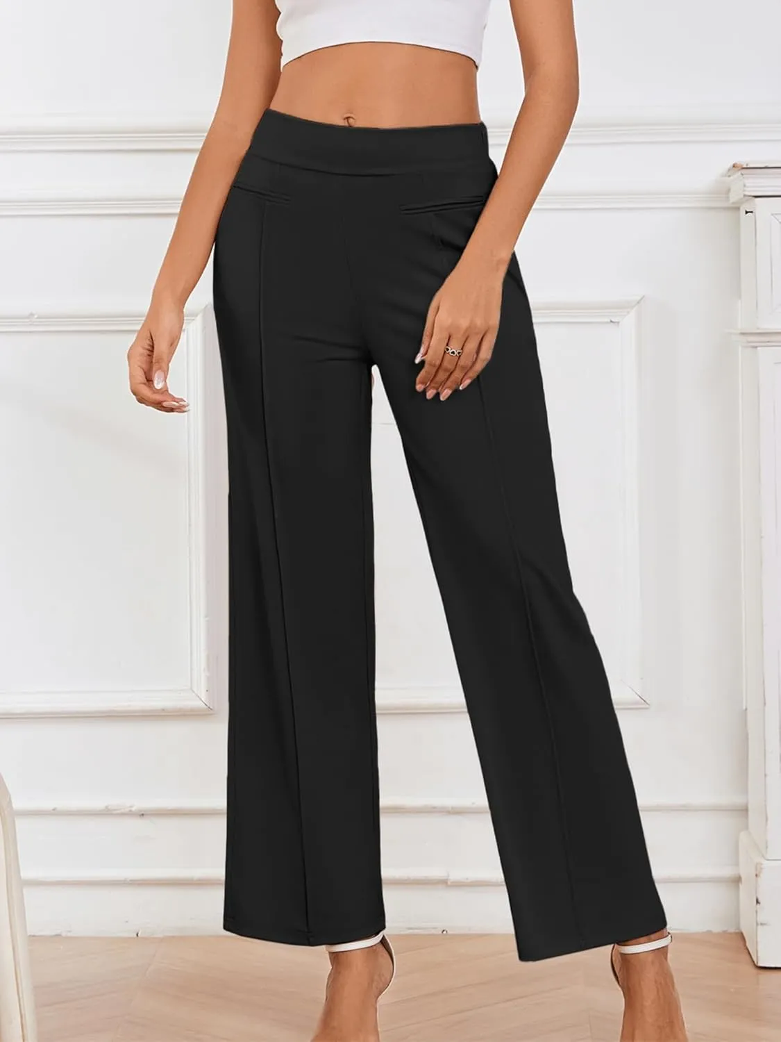Wide Leg Pants Woman High Elastic Waisted Pant with Pockets Casual Business Work Dress Trousers with Side Zipper