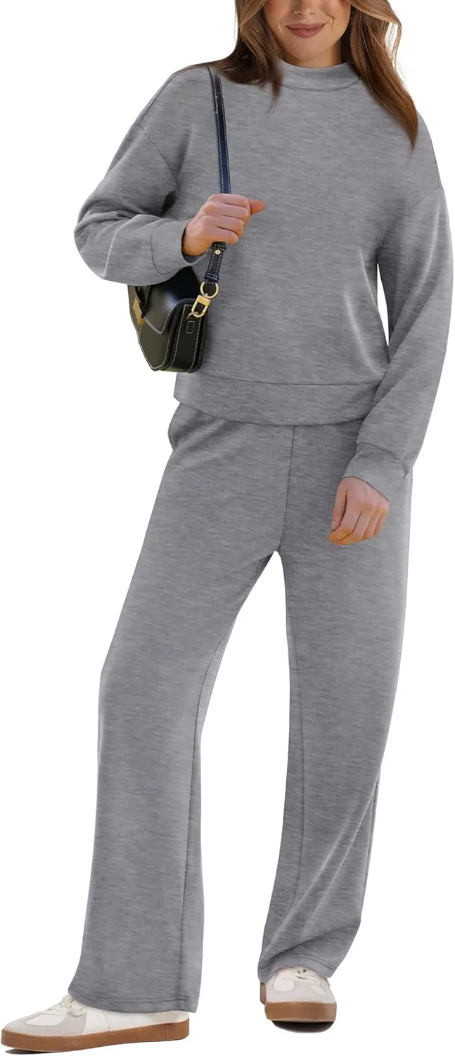 WIHOLL Two Piece Sets for Women Fall Outfits Lounge Sets Mock Neck Tops Wide Leg Pants Vacation Travel Airport Outfits