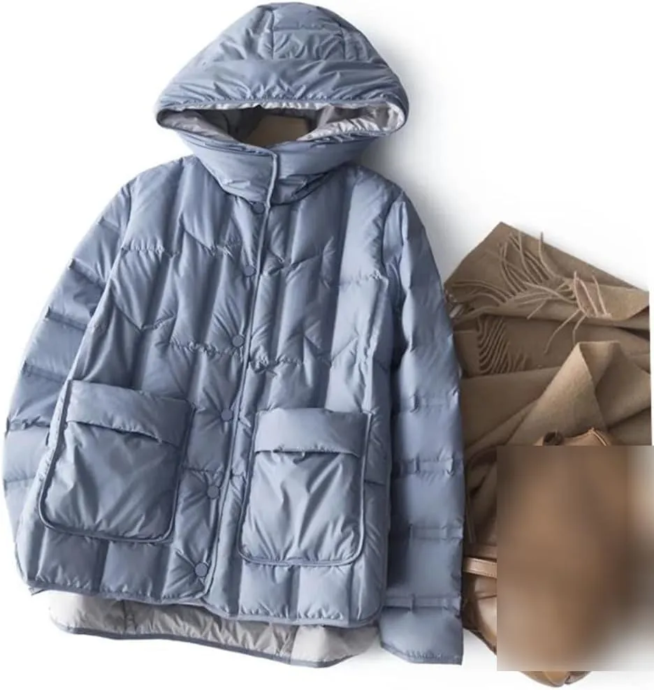 Winter Women White Duck Down Coat Female Stand Collar Single-Breasted Puffer Jacket Casual Loose Hooded Parkas