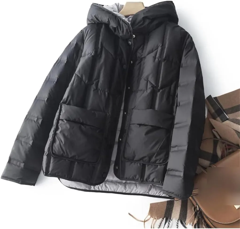 Winter Women White Duck Down Coat Female Stand Collar Single-Breasted Puffer Jacket Casual Loose Hooded Parkas