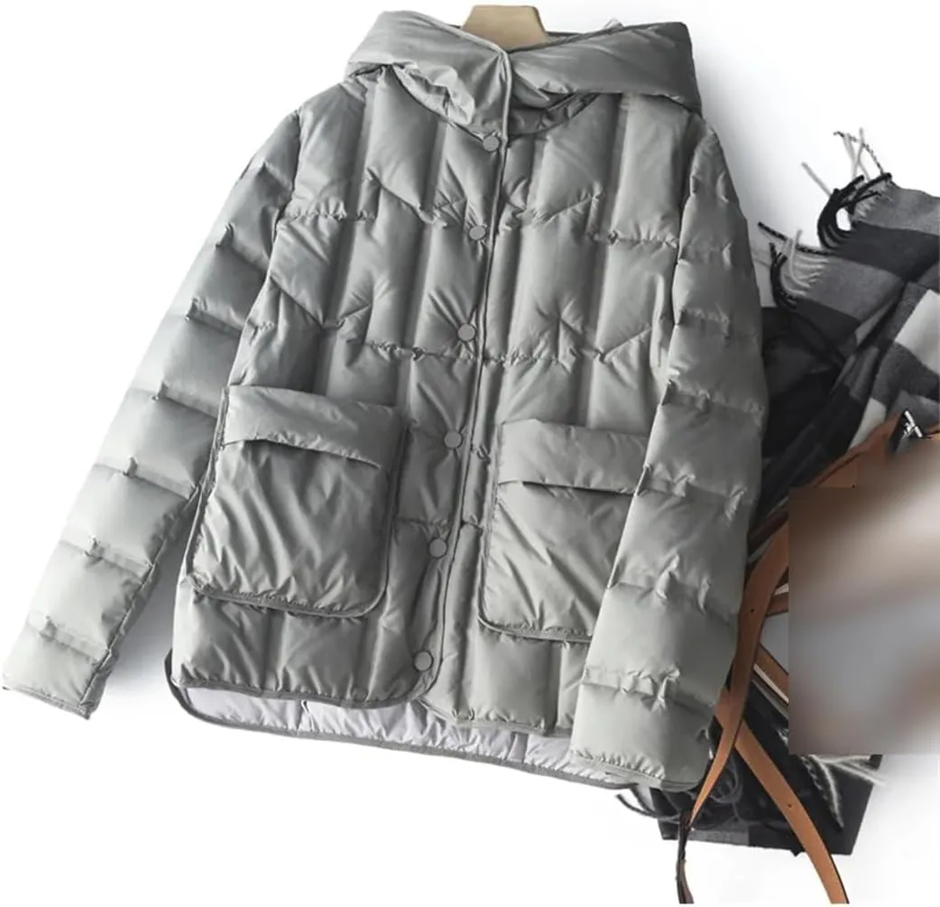 Winter Women White Duck Down Coat Female Stand Collar Single-Breasted Puffer Jacket Casual Loose Hooded Parkas