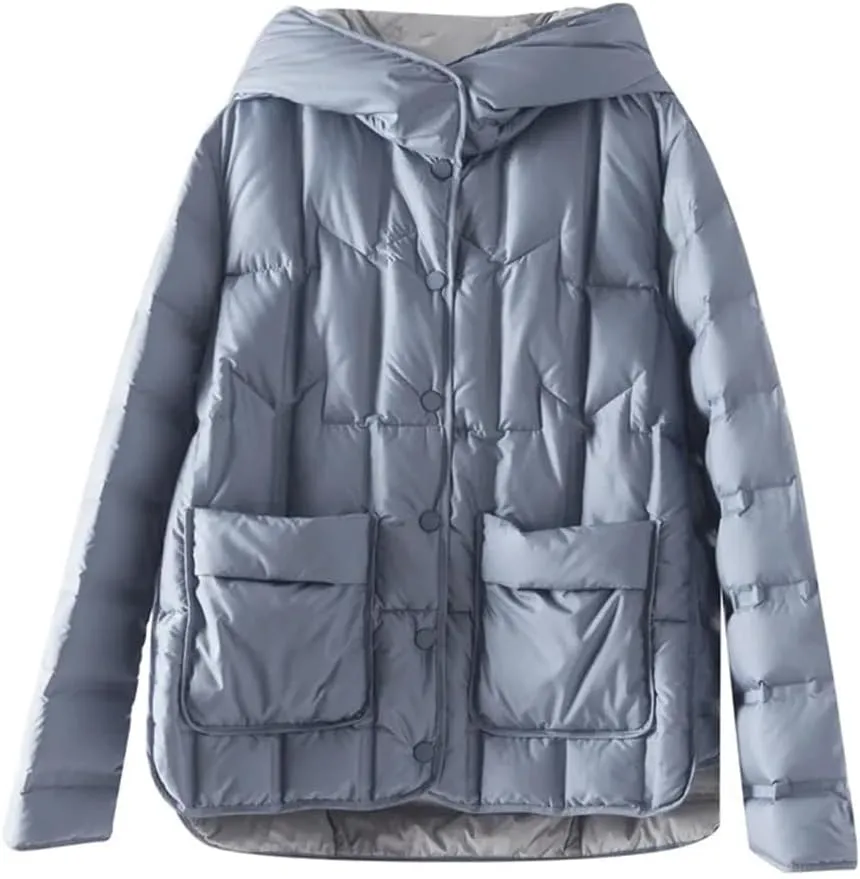 Winter Women White Duck Down Coat Female Stand Collar Single-Breasted Puffer Jacket Casual Loose Hooded Parkas