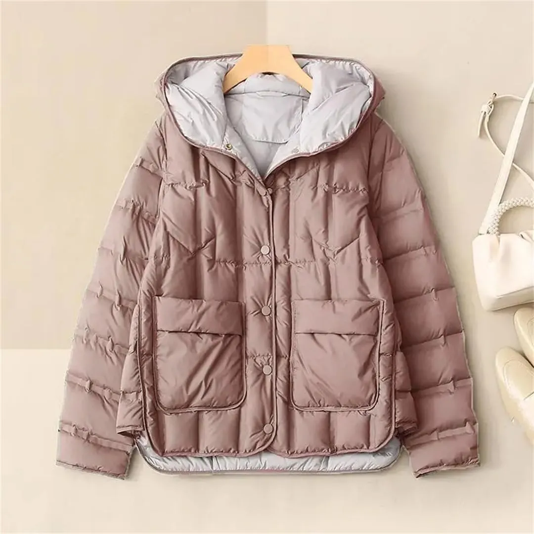 Winter Women White Duck Down Coat Female Stand Collar Single-Breasted Puffer Jacket Casual Loose Hooded Parkas