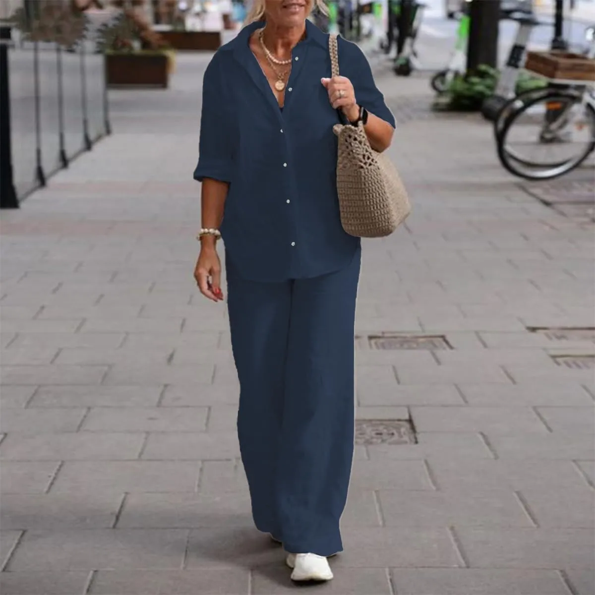 Women 2 Piece Cotton Linen Outfits Casual Loose Roll Sleeve Button Top Shirt High Waist Wide Leg Pants Sets